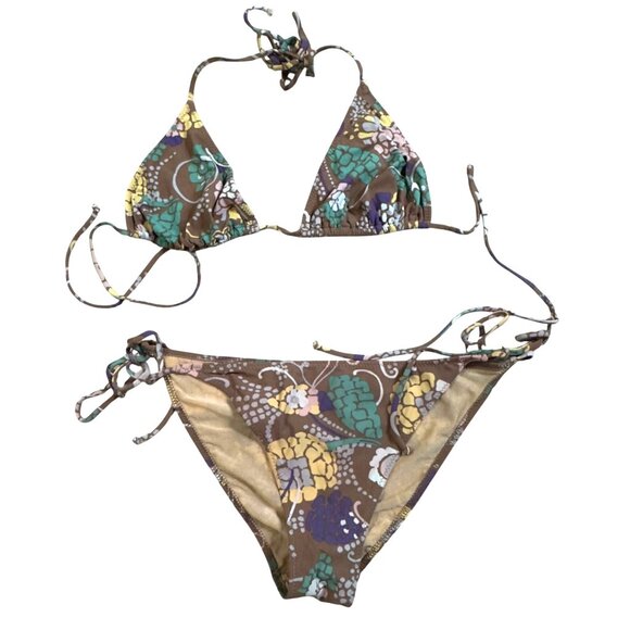 Missioni Vintage Swim 42/6 Floral Triangle String Bikini Swimsuit Brown Multi - Picture 1 of 6